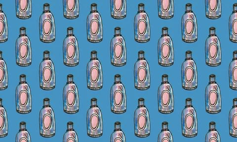 Seamless pattern with hand drawn perfume bottles Stock Illustration