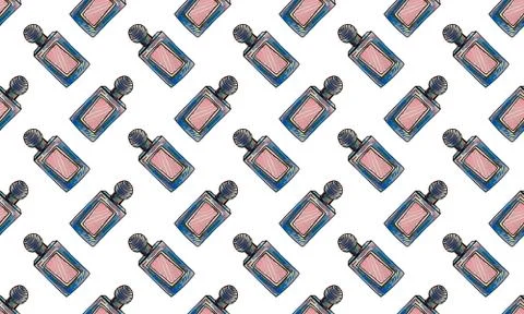 Seamless pattern with hand drawn perfume bottles Illustrazione stock