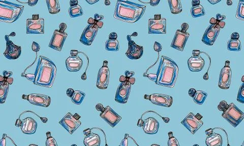 Seamless pattern with hand drawn perfume bottles Stock Illustration