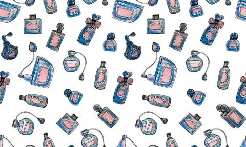 Seamless pattern with hand drawn perfume bottles Illustrazione stock