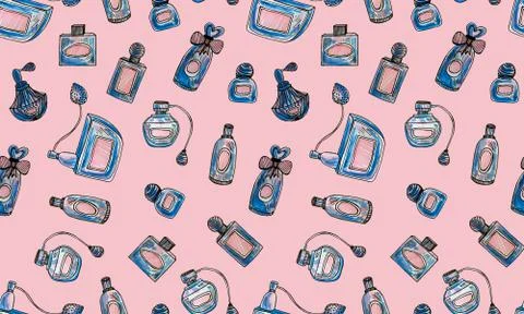 Seamless pattern with hand drawn perfume bottles Stock Illustration
