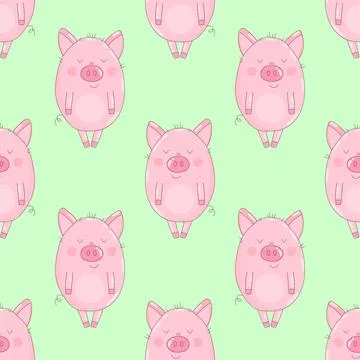 Seamless pattern of hand-drawn  pigs on an isolated green background. Vector  Stock Illustration