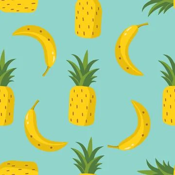 Seamless pattern with hand drawn pineapple and banana. Stock Illustration