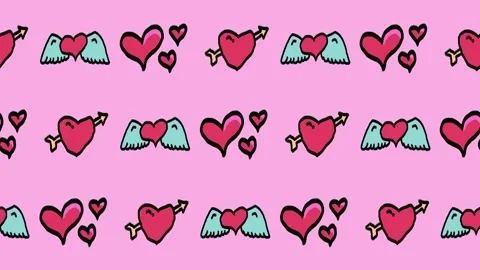 Seamless pattern of hand-drawn pink Cupid hearts with arrows, winged hearts Stock Footage 337891757