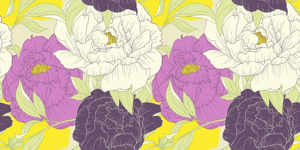 Seamless pattern, hand drawn pink, white and purple Peony flowers Stock Illustration