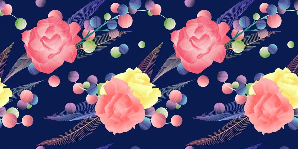 Seamless pattern, hand drawn pink and yellow rose with grape and feather Stock Illustration
