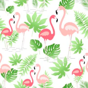A seamless pattern with hand drawn a pink flamingo and tropical leaves - Vect Illustrazione stock
