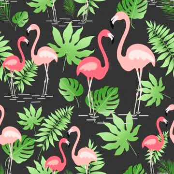 A seamless pattern with hand drawn a pink flamingo and tropical leaves - Vect Stock Illustration