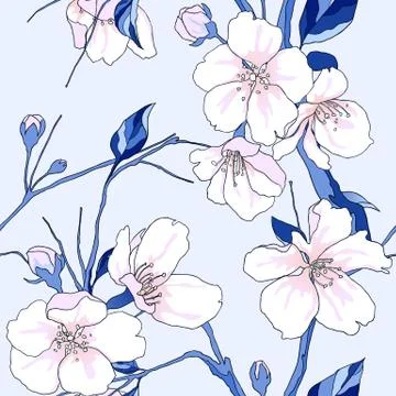 Seamless pattern, hand drawn pink sakura flowers with leaves with leaves on l Stock Illustration