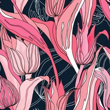 Seamless pattern, hand drawn pink tulip flowers on dark blue background Stock Illustration