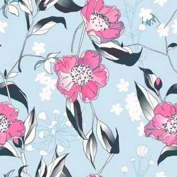 Seamless pattern, hand drawn pink camellia flowers with leaves on blue backgr Illustrazione stock