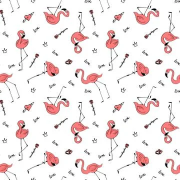 Seamless pattern with hand drawn pink flamingos Stock Illustration