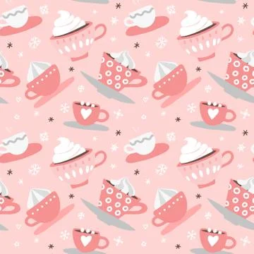 Seamless pattern with hand drawn pink Valentine's Day romantic cute cups, mug Stock Illustration