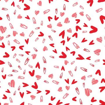 Seamless pattern with hand-drawn pink and red doodle hearts on white background Stock Illustration