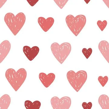 Seamless pattern with hand drawn pink and red doodle hearts on white backgrou Stock Illustration