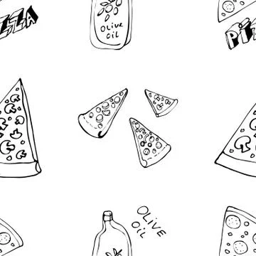 Seamless pattern with hand drawn pizza slices. Stock Illustration