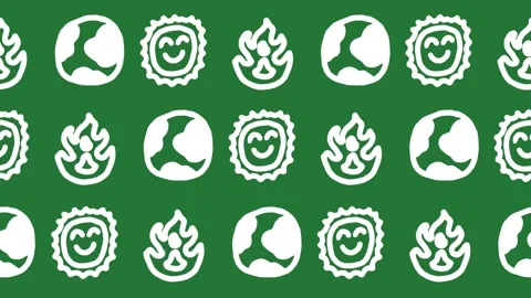Seamless pattern of hand-drawn planet earth, smiling sun, and flame icons Stock Footage 336172372