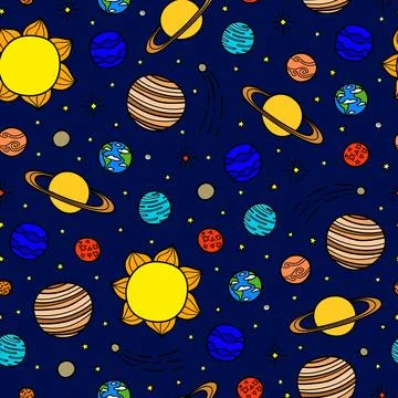 Seamless pattern with hand drawn planets. Stock Illustration
