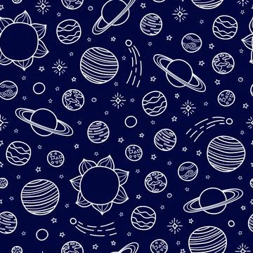 Seamless pattern with hand drawn planets. Stock Illustration