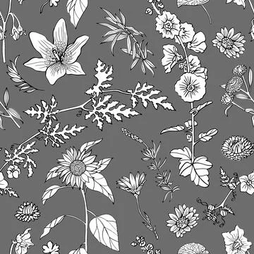 Seamless pattern with hand drawn plants Illustrazione stock