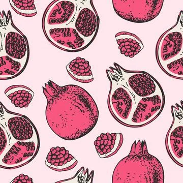 Seamless pattern with hand drawn pomegranate. Vector illustration. Stock Illustration