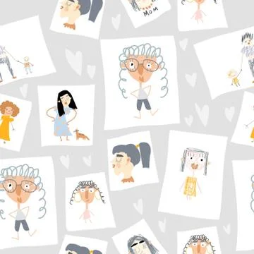 Seamless pattern of hand drawn portraits of mothers Stock Illustration