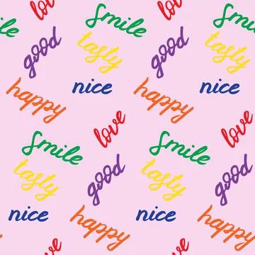 Seamless pattern with hand drawn positive words. Colorful elements on pink board Stock Illustration