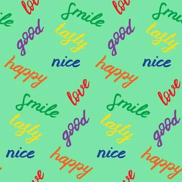 Seamless pattern with hand drawn positive words. Colorful elements on green boar Stock Illustration