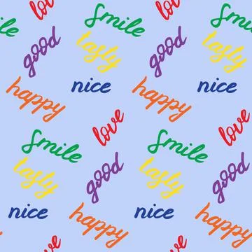 Seamless pattern with hand drawn positive words. Colorful elements on blue board Stock Illustration