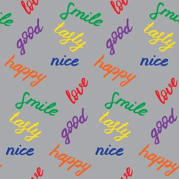 Seamless pattern with hand drawn positive words. Colorful elements on grey board Stock Illustration