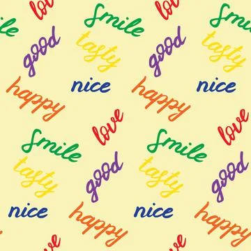 Seamless pattern with hand drawn positive words. Colorful elements on yellow Stock Illustration