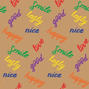 Seamless pattern with hand drawn positive words. Colorful elements on brown Stock Illustration