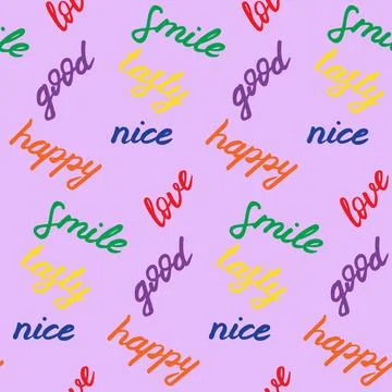 Seamless pattern with hand drawn positive words. Colorful elements on purple Stock Illustration