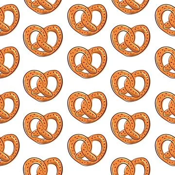 Seamless pattern with hand drawn pretzel on a white background. Design for food Stock Illustration