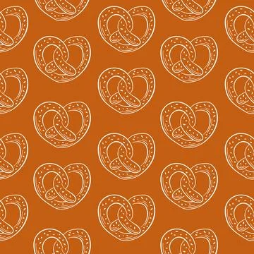 Seamless pattern of hand drawn pretzel in heart shape on brown background. Ideal Stock Illustration