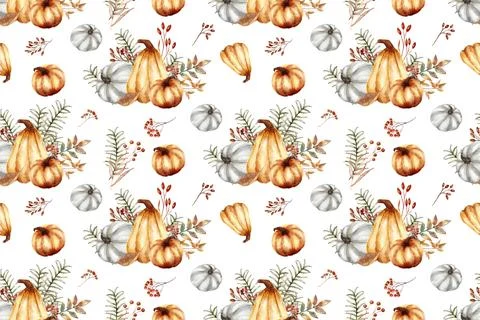 Seamless pattern with hand drawn pumpkin in cartoon style. Cute autumn patter Stock Illustration