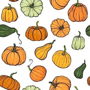 Seamless pattern with hand drawn pumpkin in cartoon style. Cute autumn patt.. 스톡 일러스트