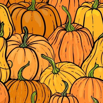 Seamless pattern with hand drawn pumpkin in cartoon style. Cute autumn patt.. 스톡 일러스트