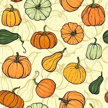 Seamless pattern with hand drawn pumpkin in cartoon style. Cute autumn patt.. Stock Illustration