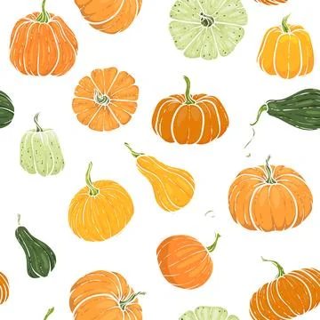 Seamless pattern with hand drawn pumpkin in cartoon style. Cute autumn patt.. 스톡 일러스트