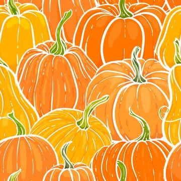 Seamless pattern with hand drawn pumpkin in cartoon style. Cute autumn patt.. 스톡 일러스트