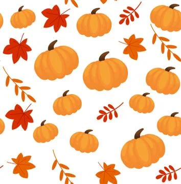 Seamless pattern with hand drawn pumpkins and leaves. Cute design for Hallowe Stock Illustration