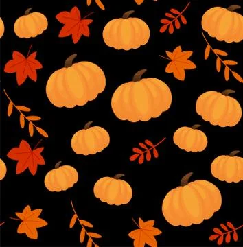 Seamless pattern with hand drawn pumpkins and leaves. Cute design for Hallowe Stock Illustration