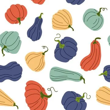 Seamless pattern with hand drawn pumpkins in flat style. Autumn texture for Stock Illustration