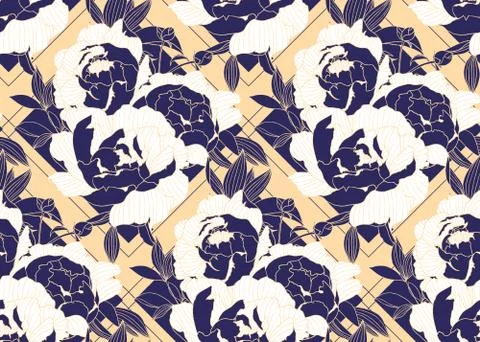 Seamless pattern, hand drawn purple Peony flowers and square shape Stock Illustration