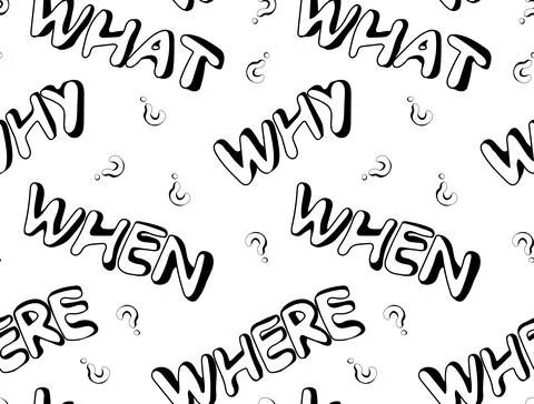 Seamless pattern of hand-drawn question words what, where, when and why and q Stock Illustration