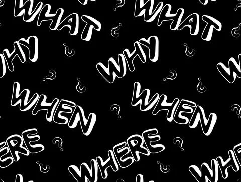 Seamless pattern of hand-drawn question words what, where, when and why and q Illustrazione stock