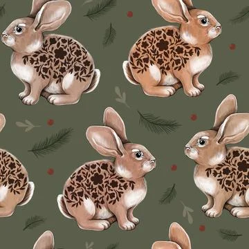 Seamless pattern of hand drawn rabbits, berries and spruce branches. Cute chr Stock Illustration