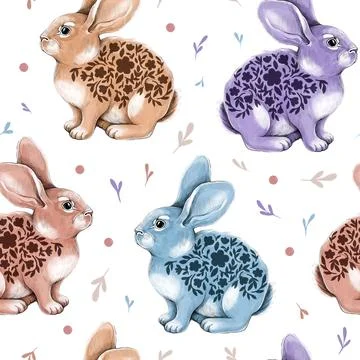 Seamless pattern of hand drawn rabbits and leaves. Cute easter illustration f Stock Illustration