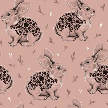 Seamless pattern of hand drawn rabbits and leaves. Cute and gentle illustrati Stock Illustration